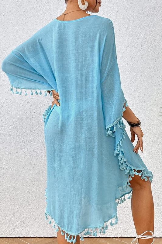 Bestselling New Beach Cover-Up - Crochet Lace Trimmed Fringe Kimono Ice Blue