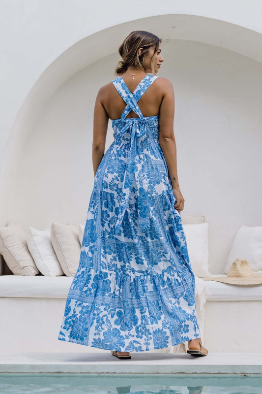 New High-End Beach Floral Print Long Camisole Dress Blue