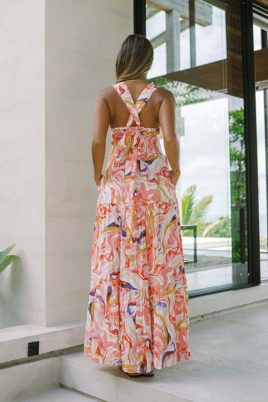 New High-End Beach Floral Print Long Camisole Dress Pink