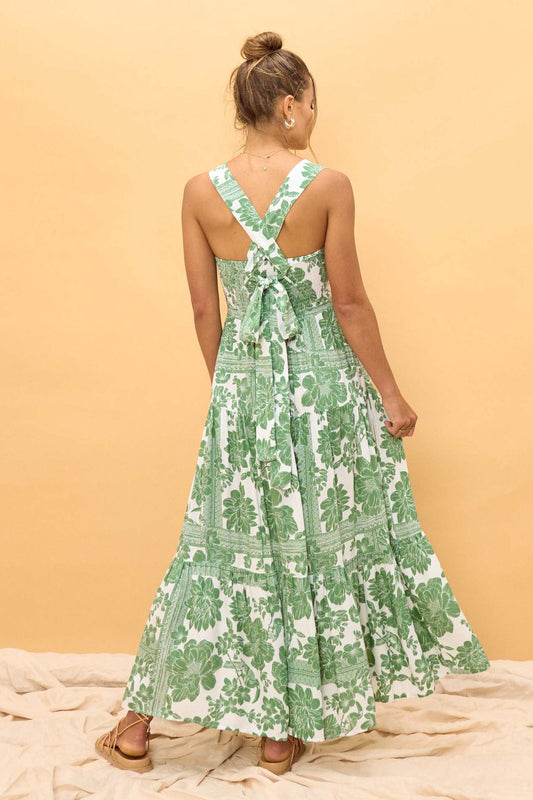 New High-End Beach Floral Print Long Camisole Dress Green