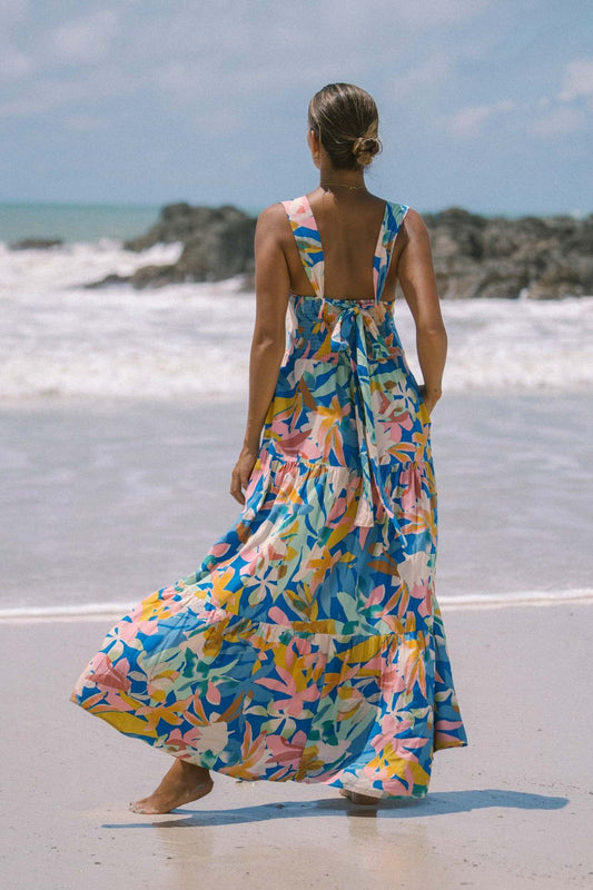 New High-End Beach Floral Print Long Camisole Dress Multicolor