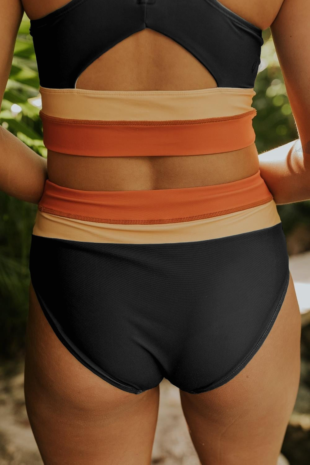 Black U Neck Striped Cross Over Bikini Set