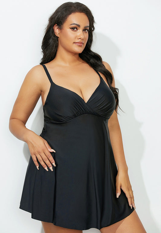 Solid Black V-Neck Swimdress