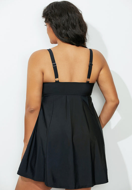 Solid Black Lattice Neck Swimdress