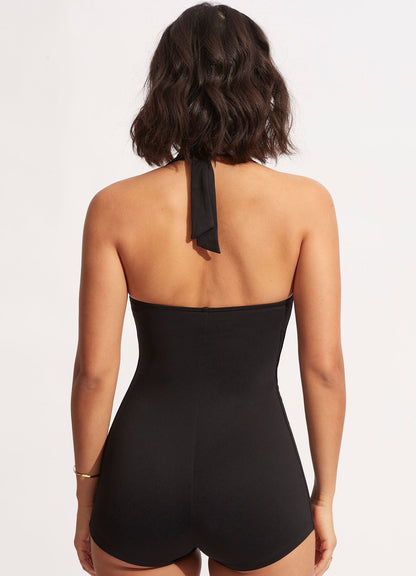 Ruched Panel Boyleg Legline Black One Piece