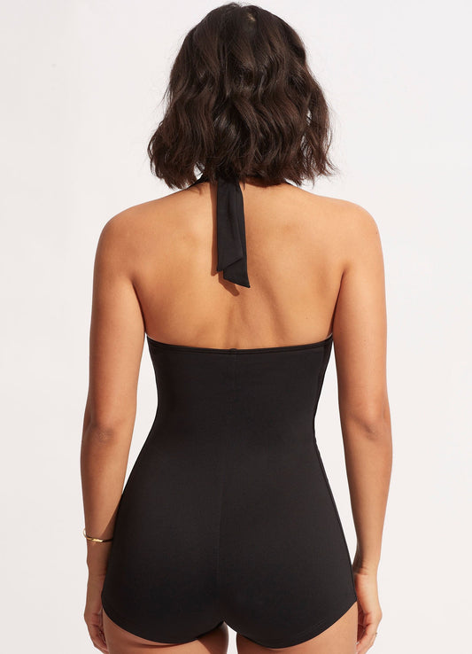 Ruched Panel Boyleg Legline Black One Piece