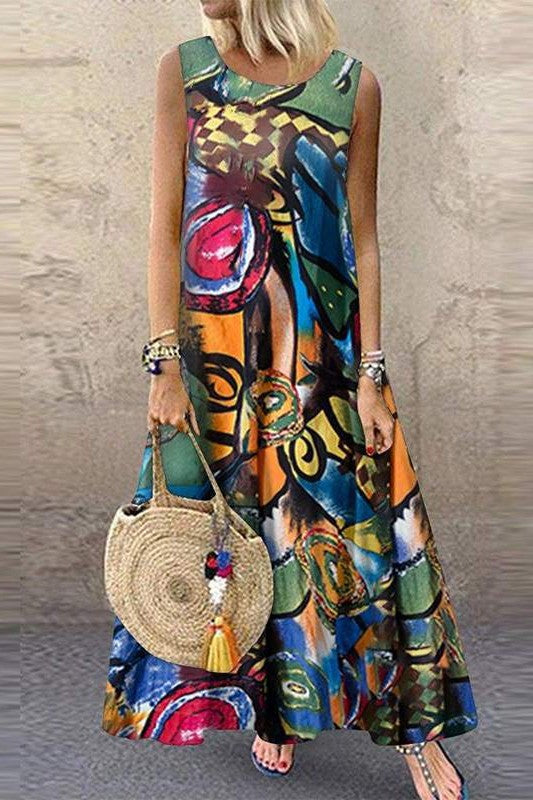 Oversized Round-Neck Sleeveless Maxi Dress with Print Green