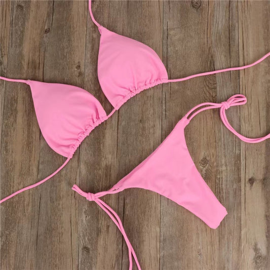 New Arrival Bikini Set – Solid Color Triangle Top & Adjustable Tied Bottom Pink