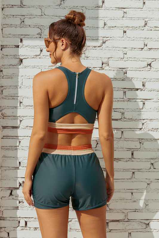 Teal Colorblock Zipper Back Sporty Bikini Top with Boy Short Set