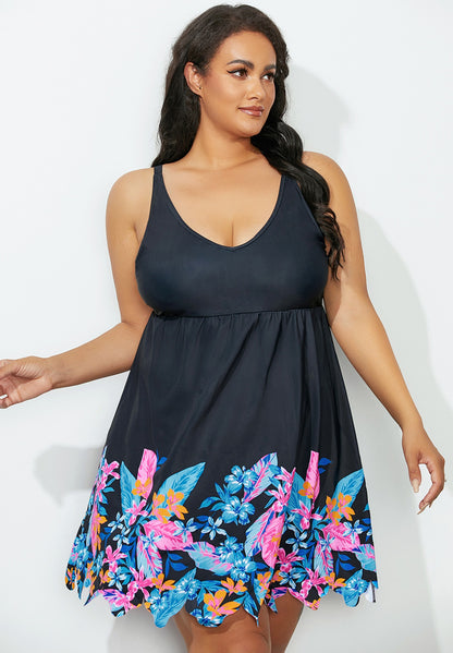 Floral Border Scallop Hem Swimdress